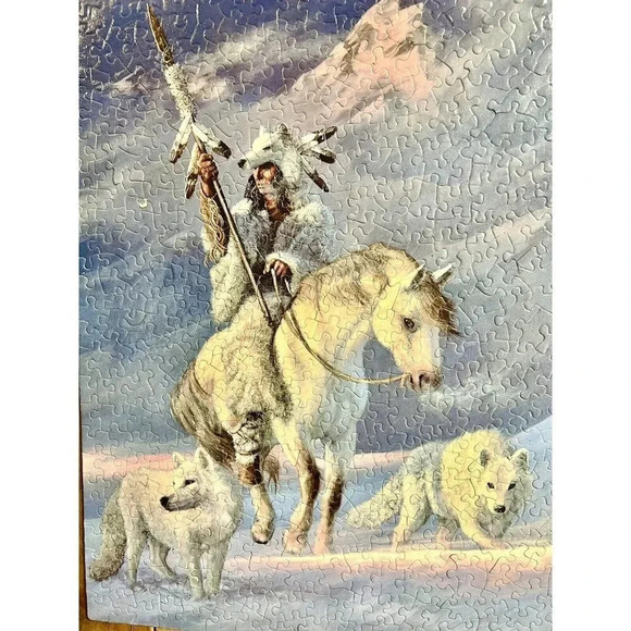 VTG Native American White Horse Wolves Wooden Framed Puzzle Arrow Art Decor - Picture 2 of 12
